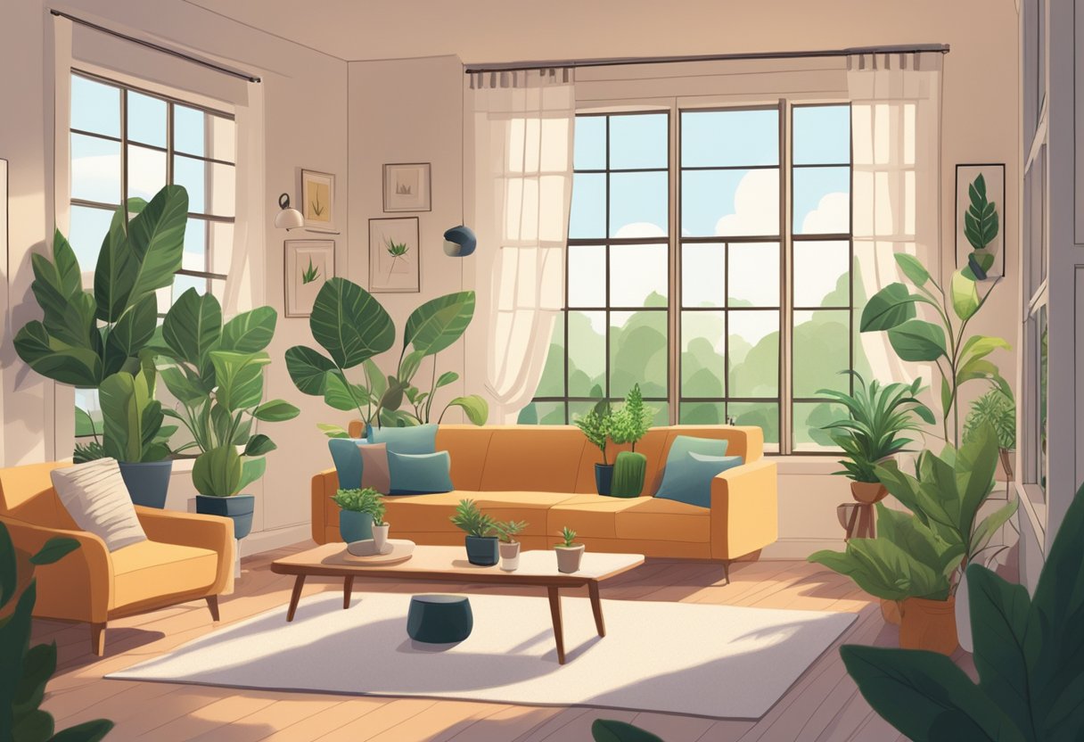 A cozy living room with soft, indirect light filtering through the window onto a collection of potted indoor trees. The space is filled with a peaceful, nurturing energy, and the plants appear healthy and thriving