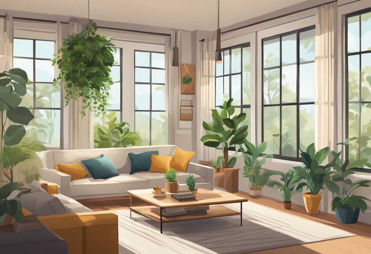 A cozy living room with various indoor tree plants placed strategically to receive the limited natural light filtering in through the windows
