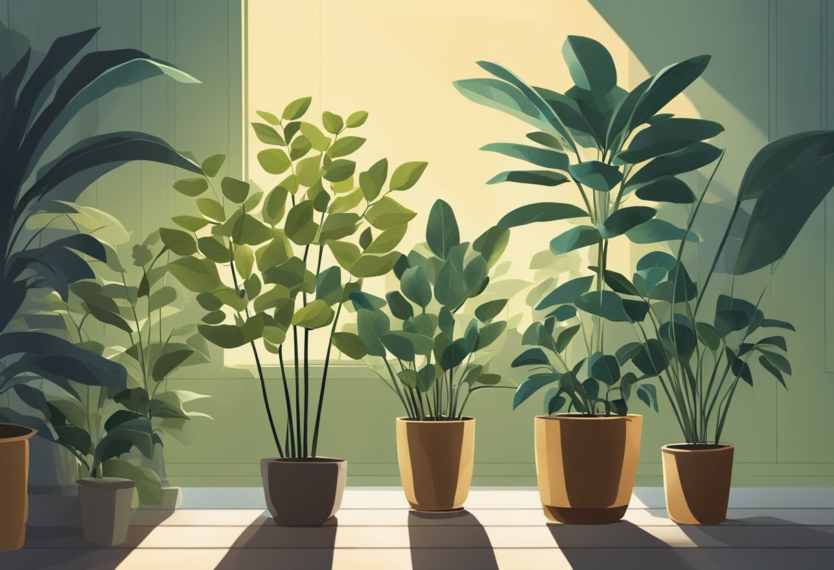 Several indoor tree plants are bathed in low light, casting long shadows across the room