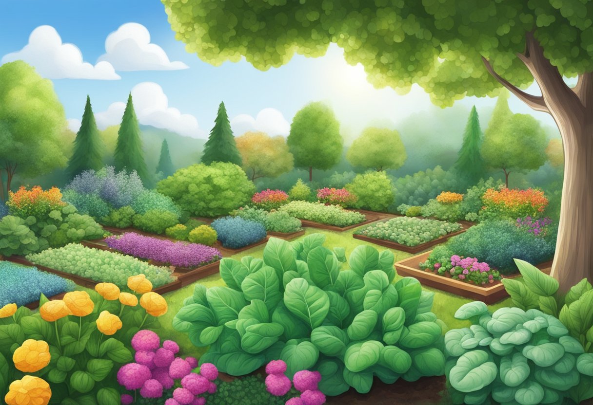 Lush vegetable garden with aspirin tablets sprinkled around plants