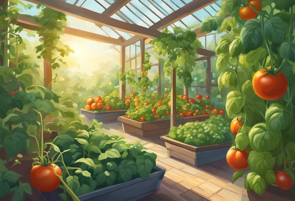Lush garden with towering tomato plants. Aspirin scattered among the vegetables. Sunlight illuminates the thriving garden