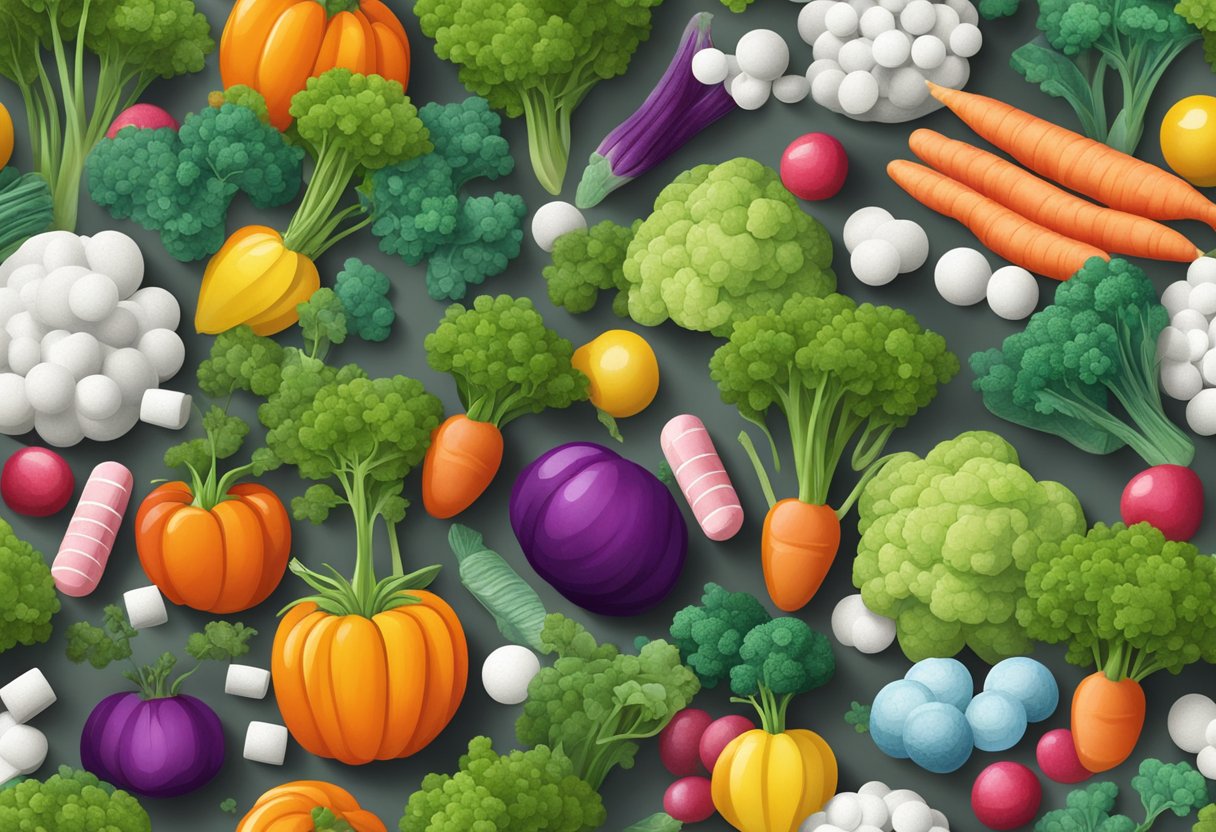 A garden scene with vibrant, thriving vegetables surrounded by scattered aspirin tablets