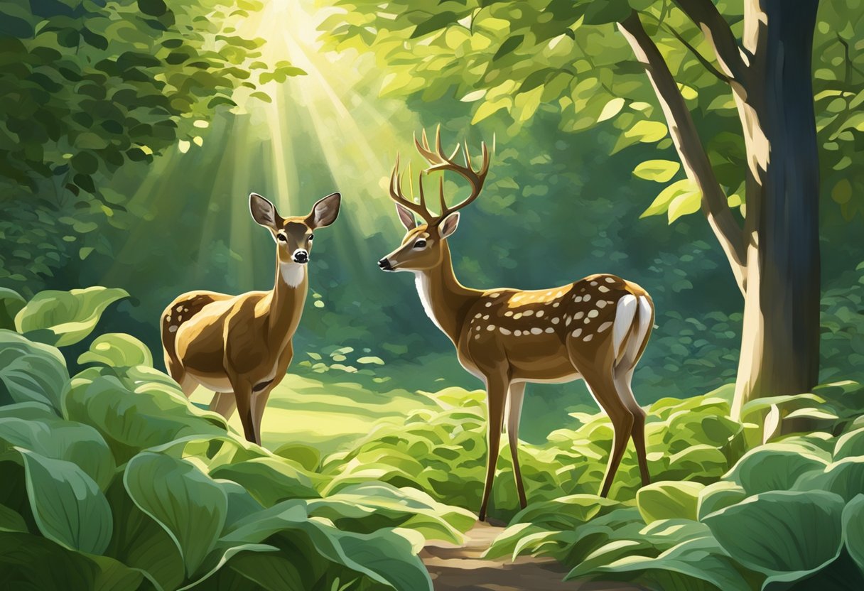 A pair of deer nibble on tender hosta shoots in a lush garden. The sunlight filters through the trees, casting dappled shadows on the ground