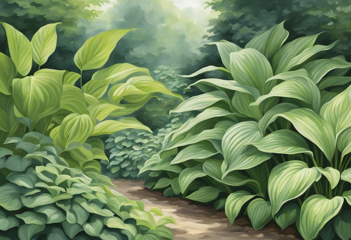 Lush hosta leaves and shoots are being carefully harvested in a tranquil garden setting