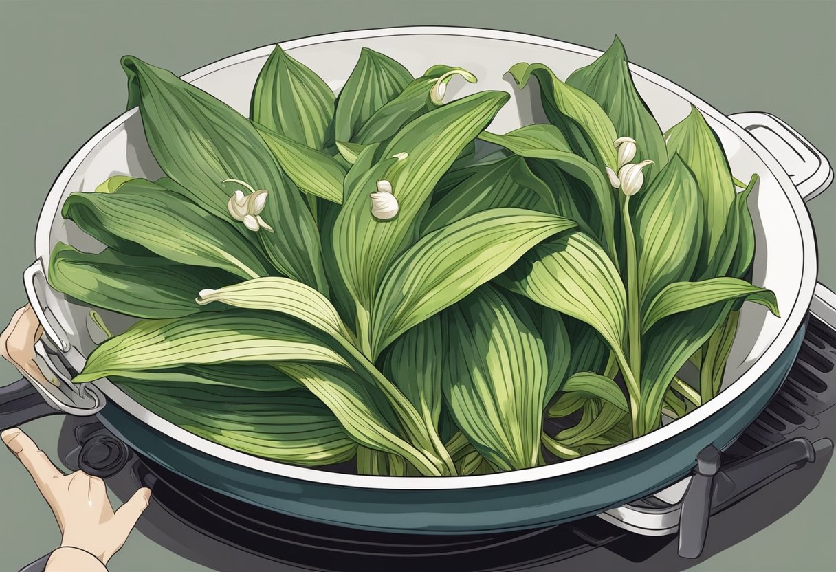 Hosta shoots being washed, trimmed, and cooked in a pot with garlic and oil. A finished dish of sautéed greens on a plate