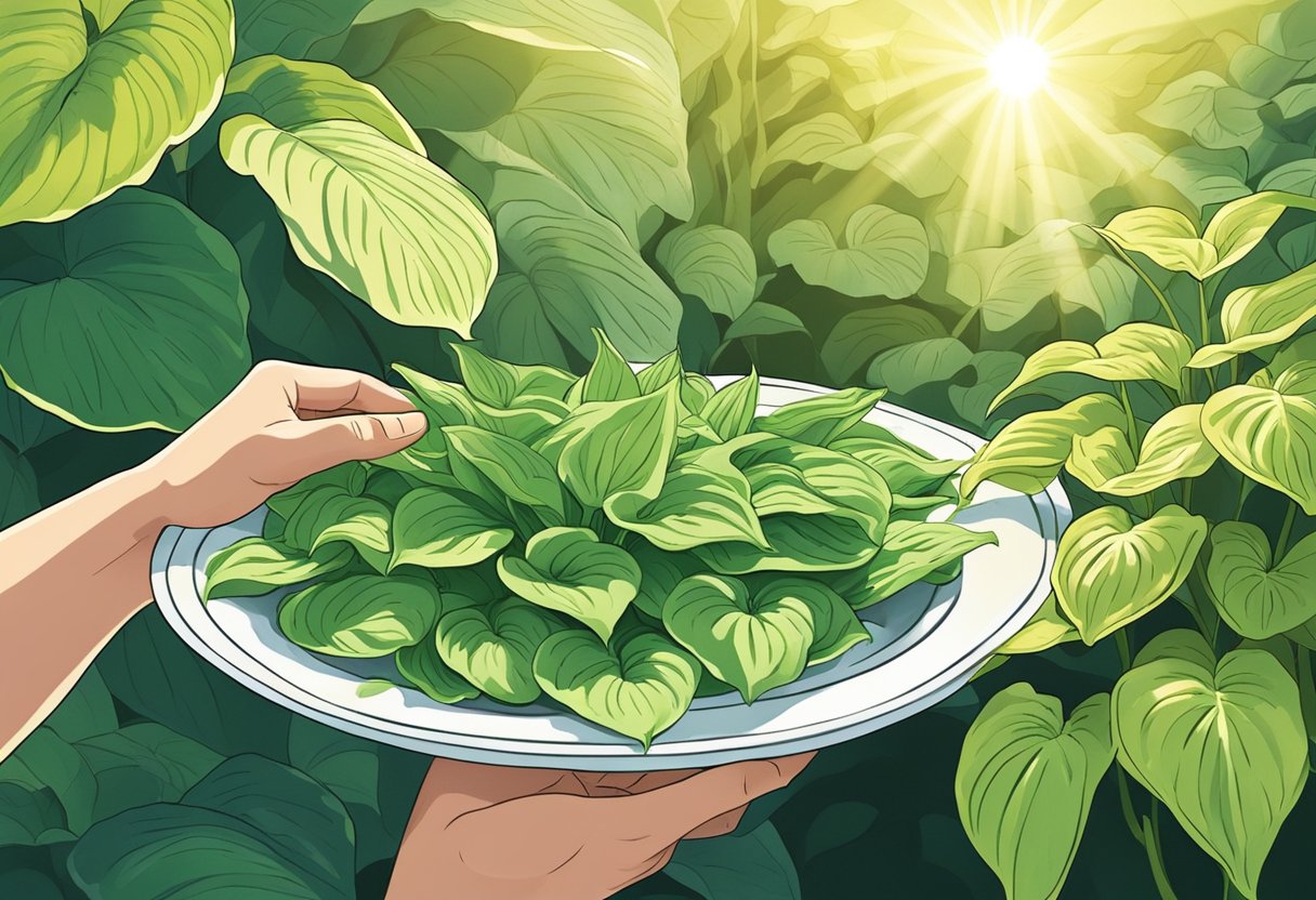 Lush garden with vibrant hosta plants, sunlight filtering through the leaves. A person holding a plate of hosta shoots, ready to be eaten