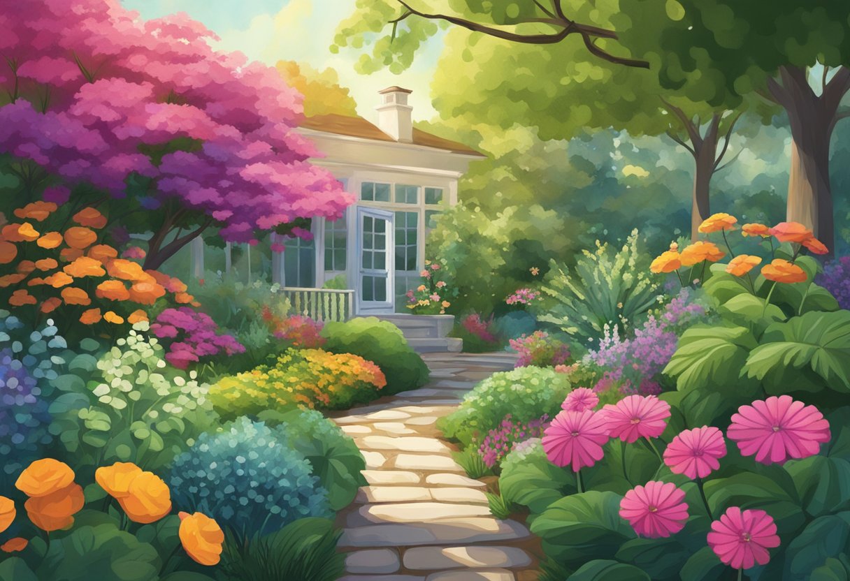 Lush garden with vibrant foliage, a packet of aspirin being sprinkled around the base of the plants
