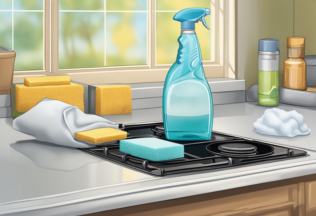 A damp cloth wipes across a glass stove top, removing crumbs and spills. A spray bottle and sponge sit nearby