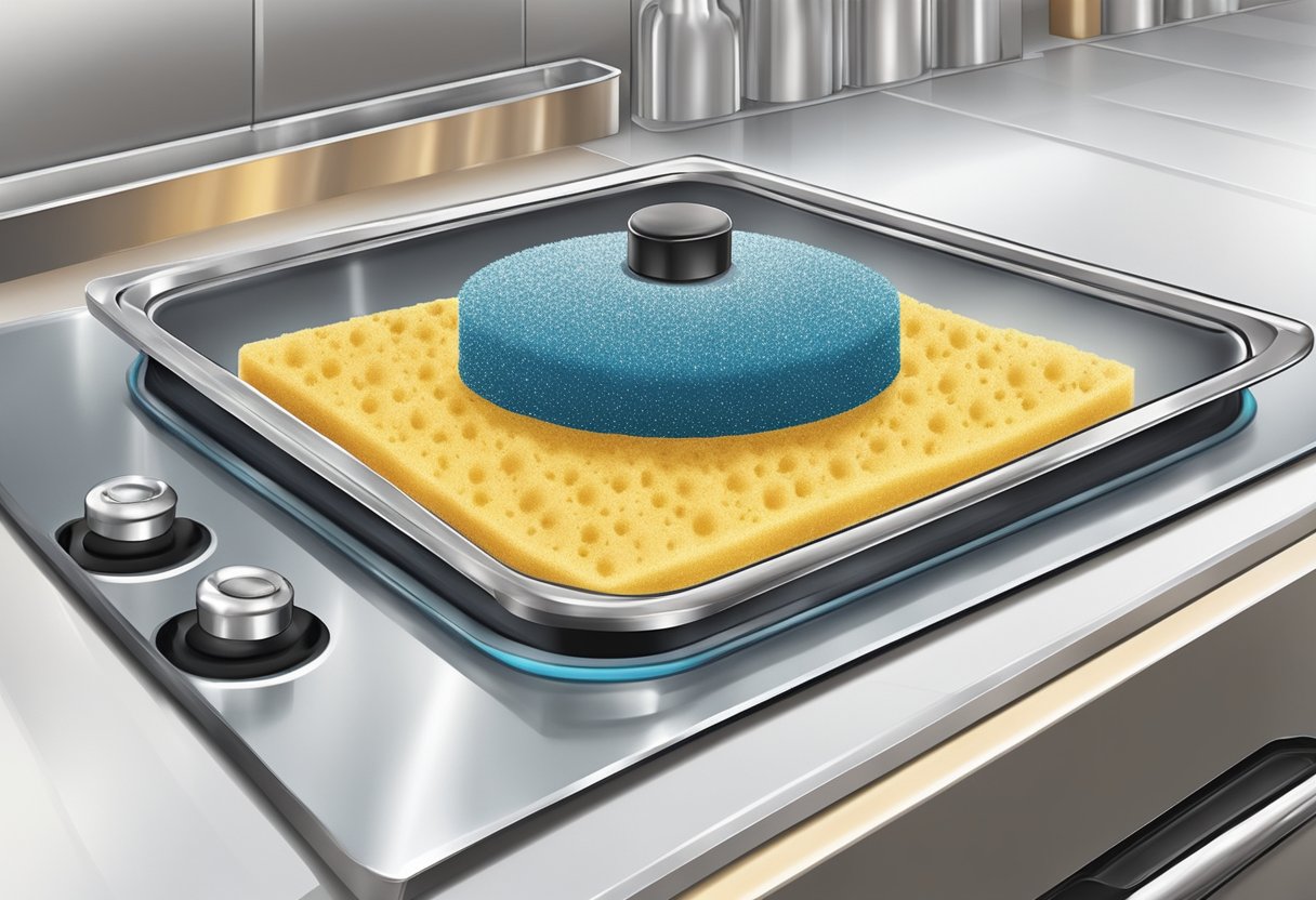A sponge glides over a glass stove top, scrubbing with warm, soapy water. Suds and grime are wiped away, leaving a sparkling clean surface