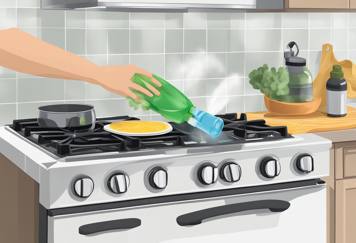 A hand holding a spray bottle of white vinegar, spraying and wiping a glass stove top with a cloth