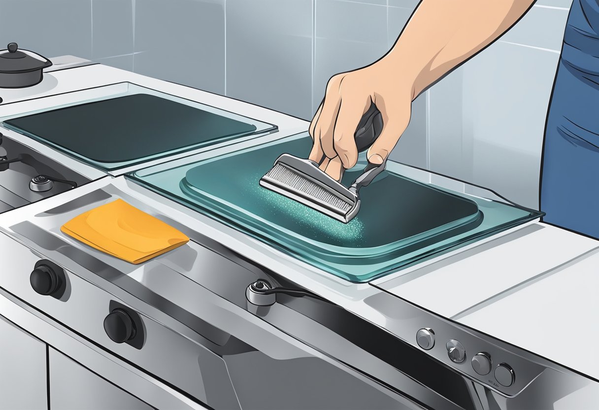 A hand holding a razor blade scraper cleaning a glass stove top