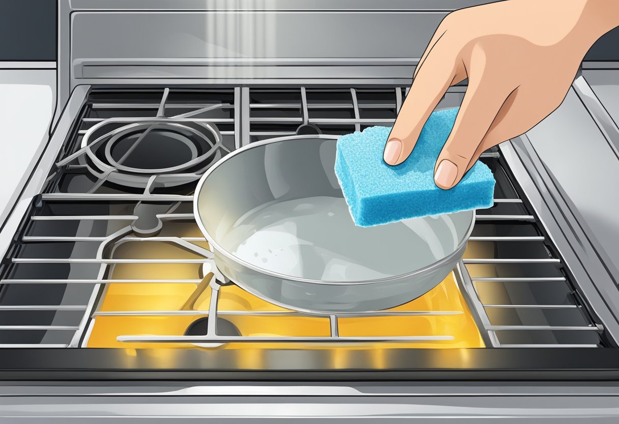 A hand holding a magic eraser scrubbing a glass stove top with a soapy sponge nearby. Grease and grime lifting off the surface