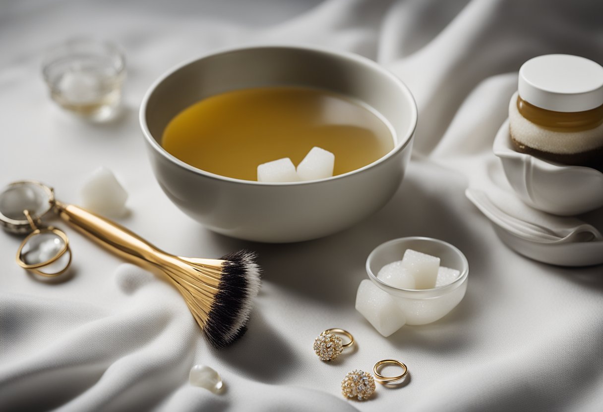 A small bowl with mild dish soap solution, a soft-bristled brush, and a few pieces of jewelry laid out on a clean, white cloth