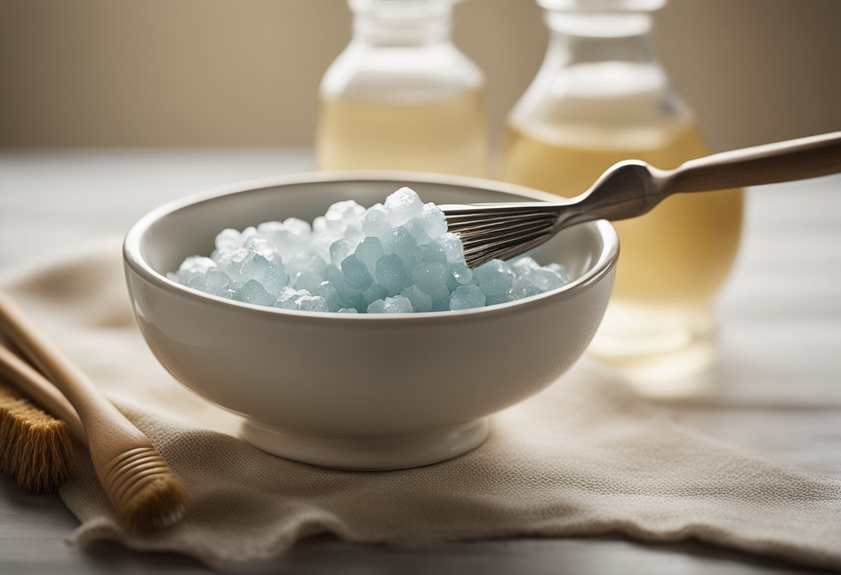 A small bowl filled with soapy water, a soft-bristled brush, and a cloth laid out on a clean, well-lit surface. A selection of tarnished jewelry and a small dish of baking soda nearby