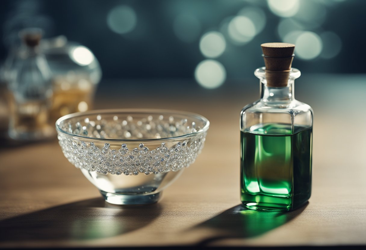 A small bowl filled with clear liquid, a bottle of ammonia, and a piece of jewelry submerged in the solution