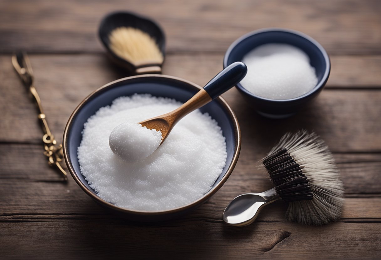 A small bowl of baking soda paste applied to tarnished jewelry, with a soft-bristled brush for gentle cleaning