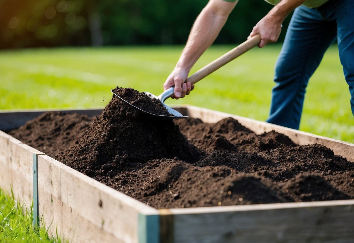 A gardener fills a raised bed with rich, dark soil, using a shovel to carefully distribute it evenly across the bed