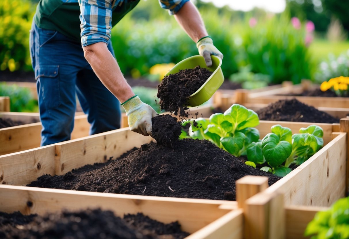 Rich, dark soil being carefully layered into raised garden beds, with a variety of nutrient-rich compost and organic matter being mixed in by a gardener