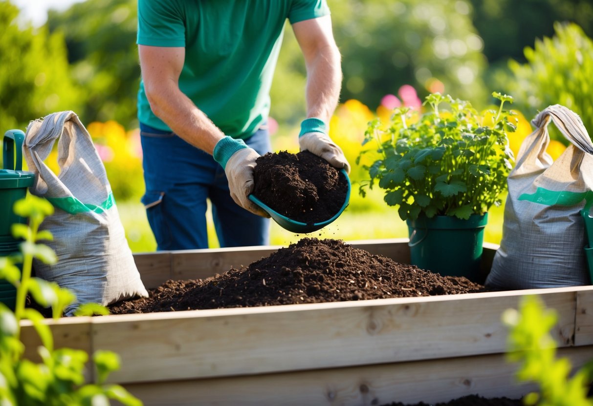 A gardener adding nutrient-rich soil to a raised garden bed, surrounded by bags of compost and gardening tools