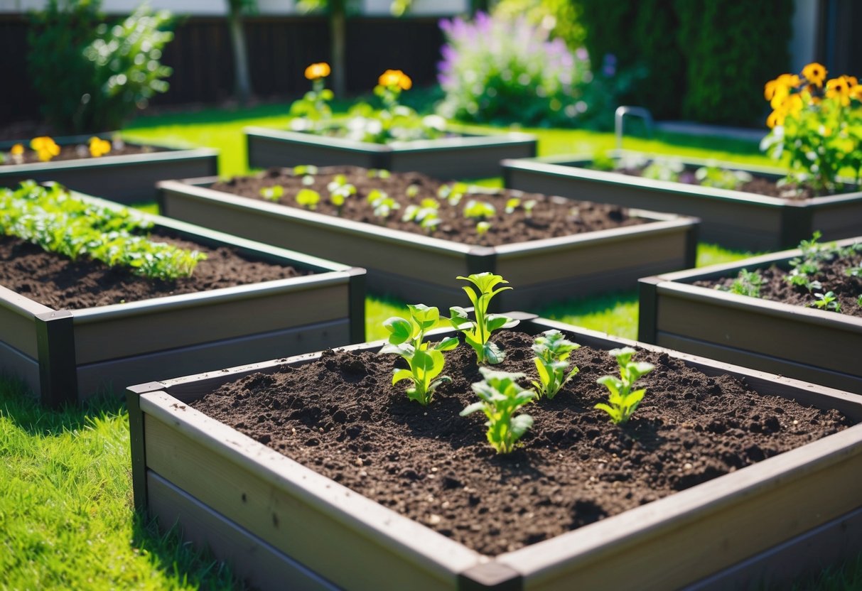 Rich, dark soil fills a series of raised garden beds, ready for planting. The beds are neatly arranged in a sunny, well-tended backyard