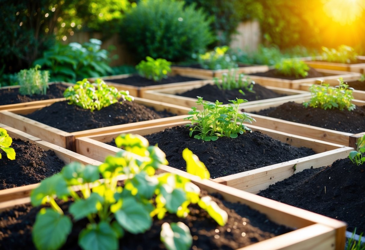 Rich, dark soil fills a series of raised garden beds. The beds are neatly arranged and ready for planting, surrounded by lush greenery and bathed in warm sunlight