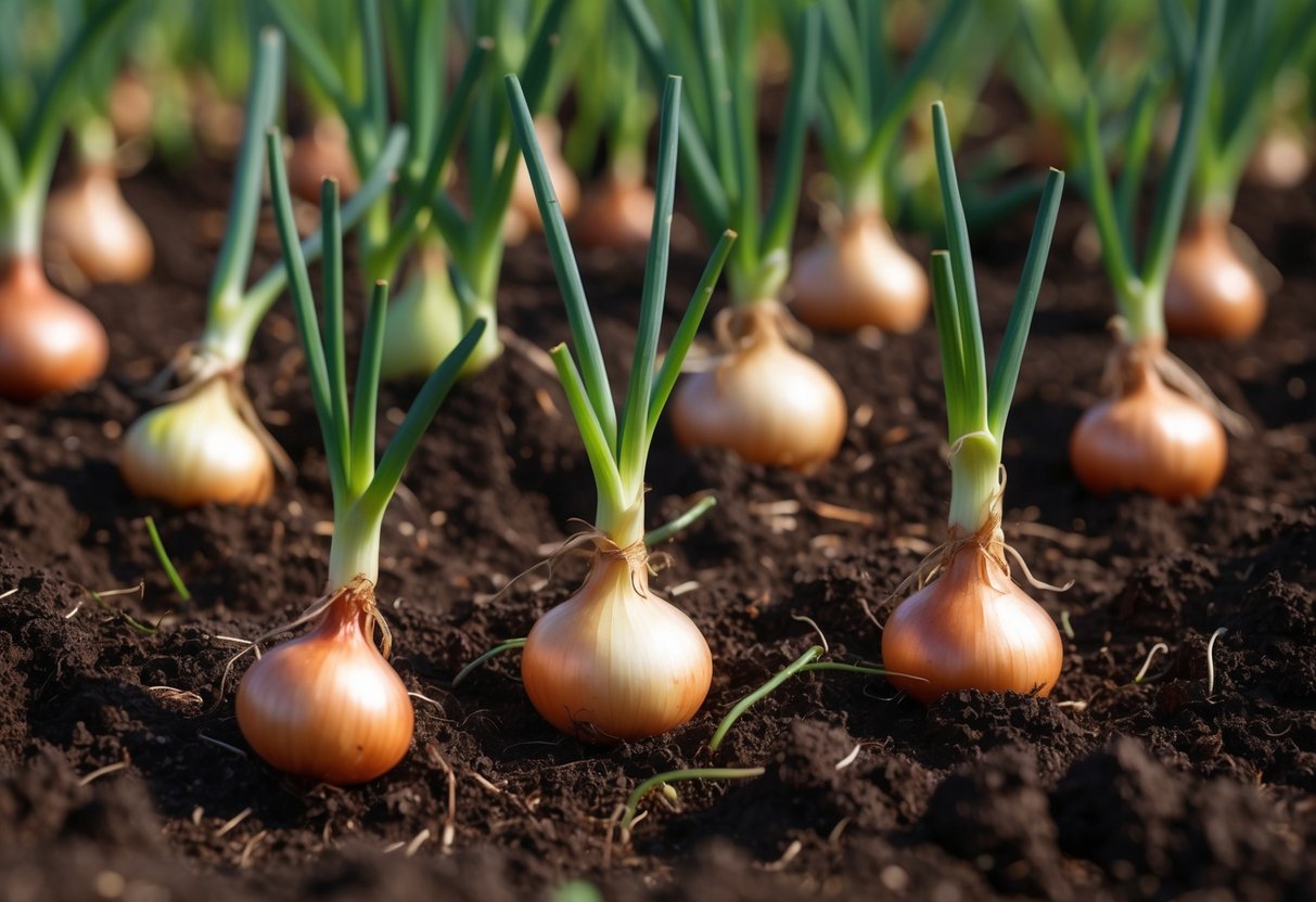 Onions seeds sprout in rich soil, their delicate green shoots reaching towards the sunlight