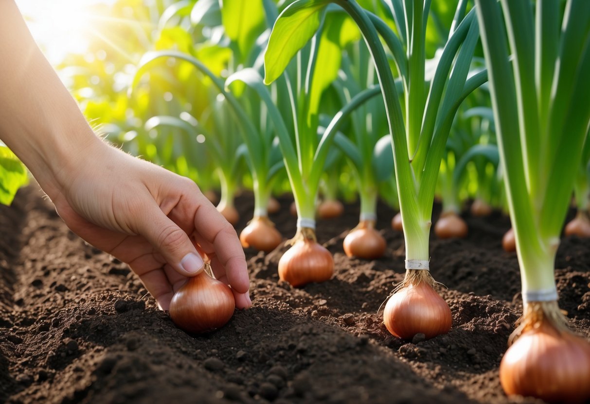 A hand reaches into the soil, planting onion seeds in neat rows. Sunlight filters through the leaves of nearby plants