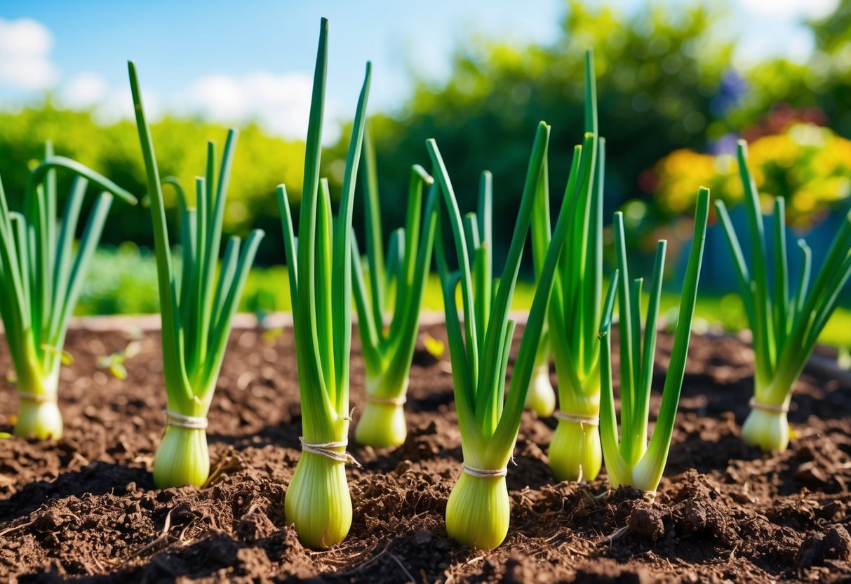 A hand planting onion seeds in rich soil, surrounded by gardening tools and pots