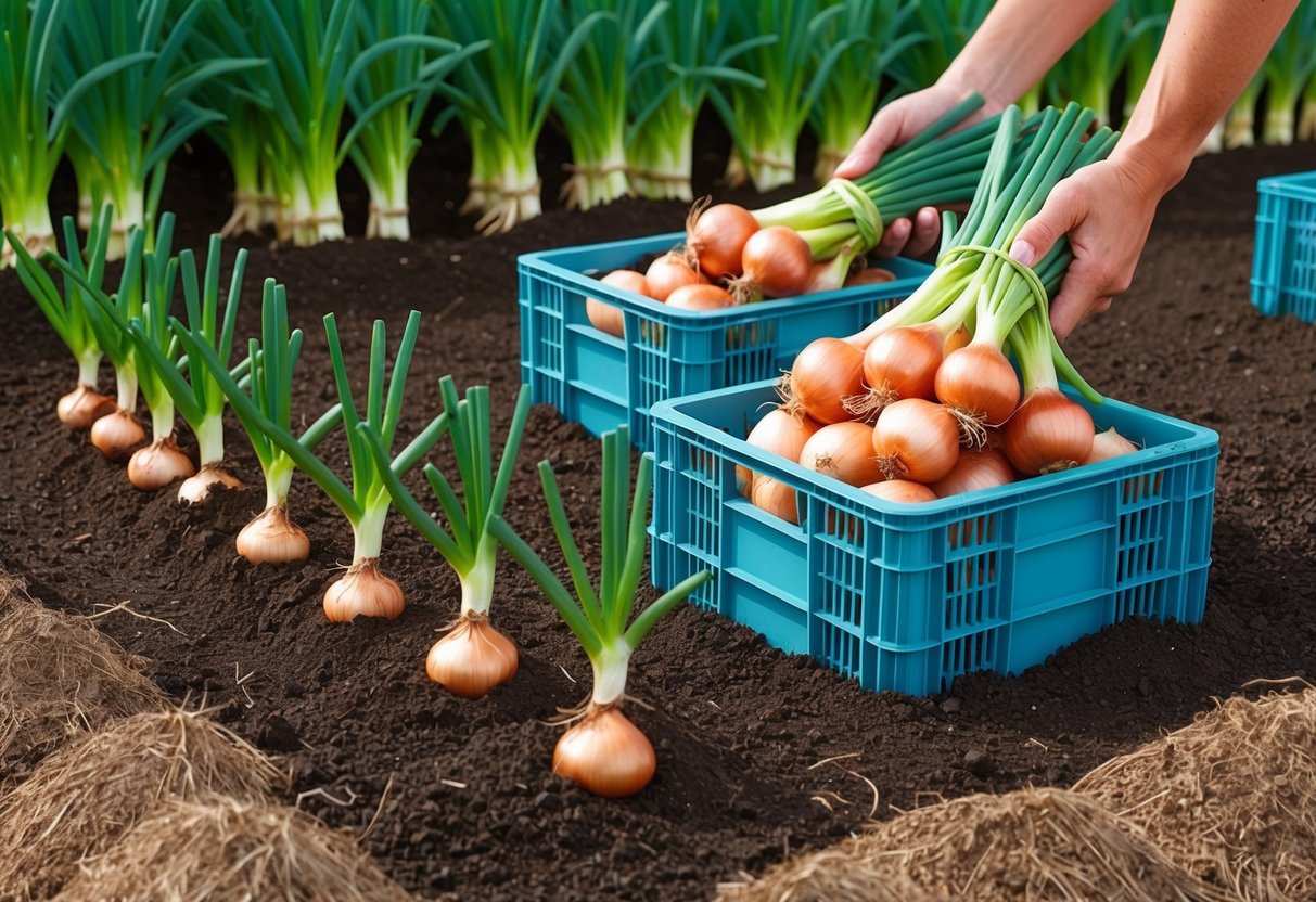 Onion seeds planted in rich soil, sprouting into green shoots. Mature onions being pulled from the ground and placed in storage crates