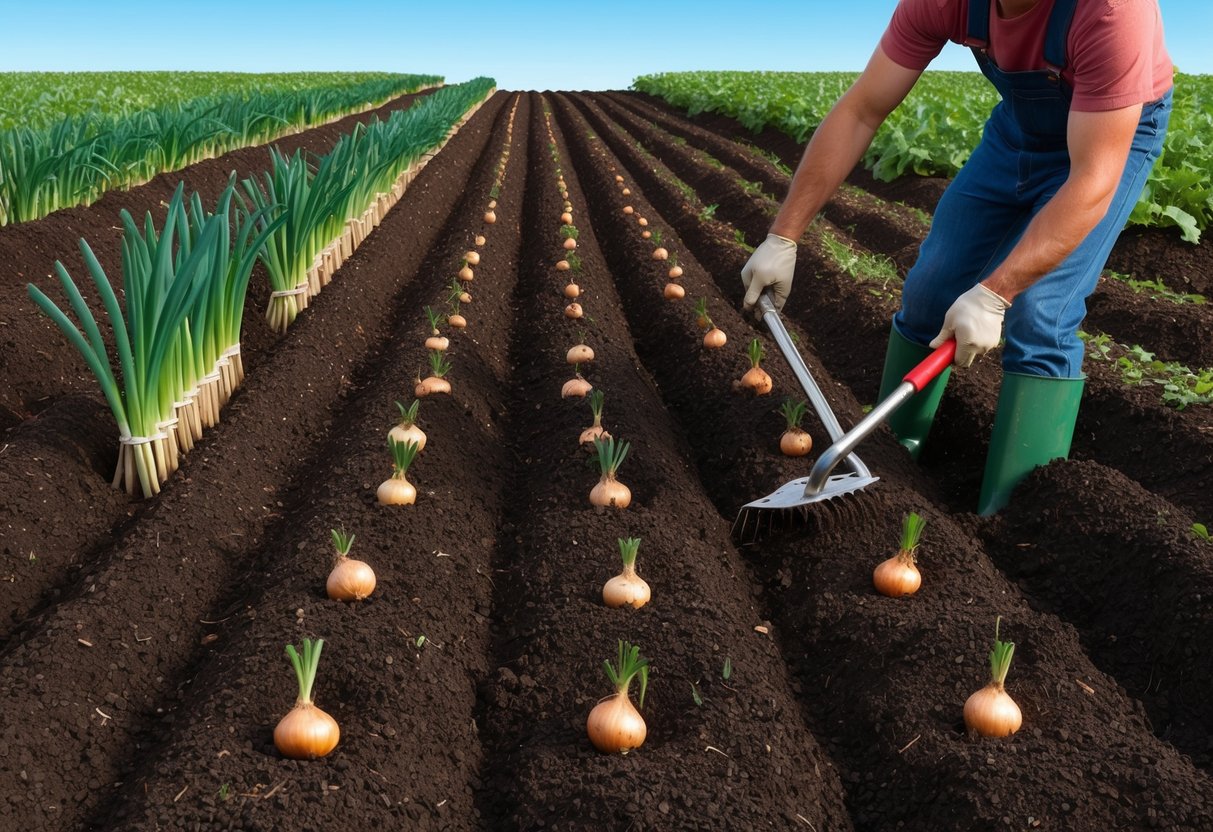 Rich, dark soil being tilled and raked in neat rows, with small onion seeds being carefully planted in the ground