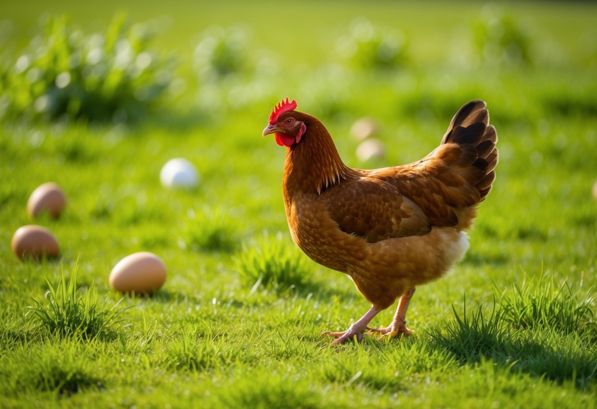 A hen roams freely in a lush green pasture, pecking at bugs and grass. The sun shines down on the idyllic scene, showcasing the natural environment of pasture-raised eggs
