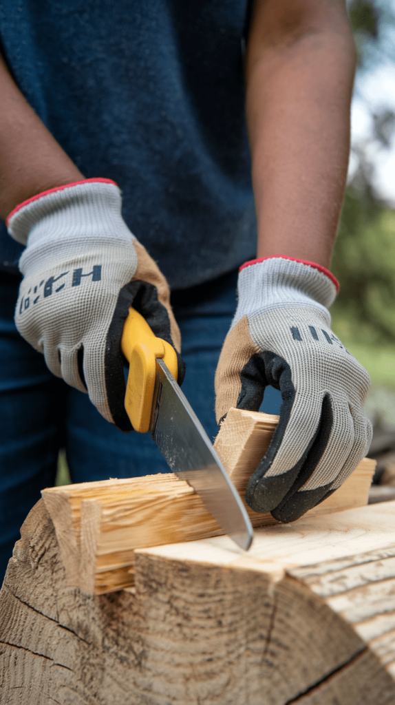 a woman cutting wood at small off grid home. Show off basic skills. 