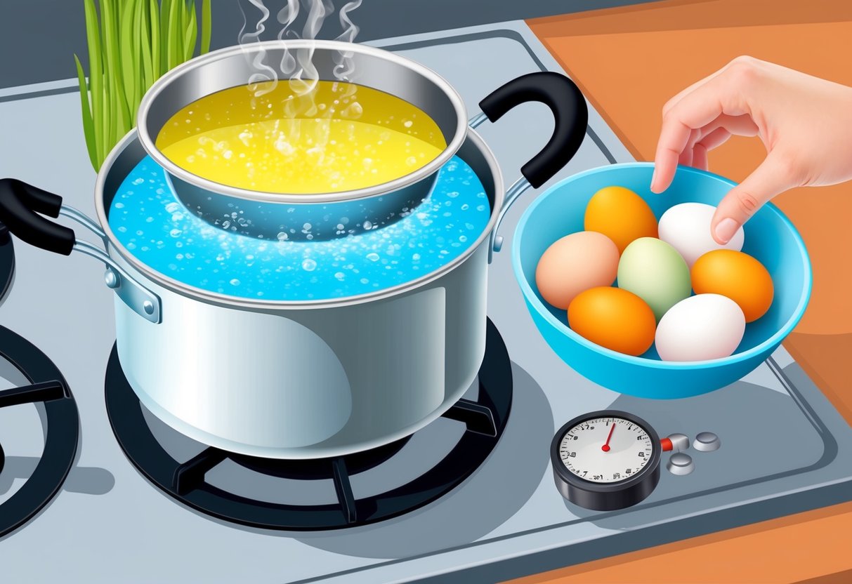A pot of water boiling on a stovetop, with a timer set nearby and a bowl of eggs ready to be gently lowered into the water