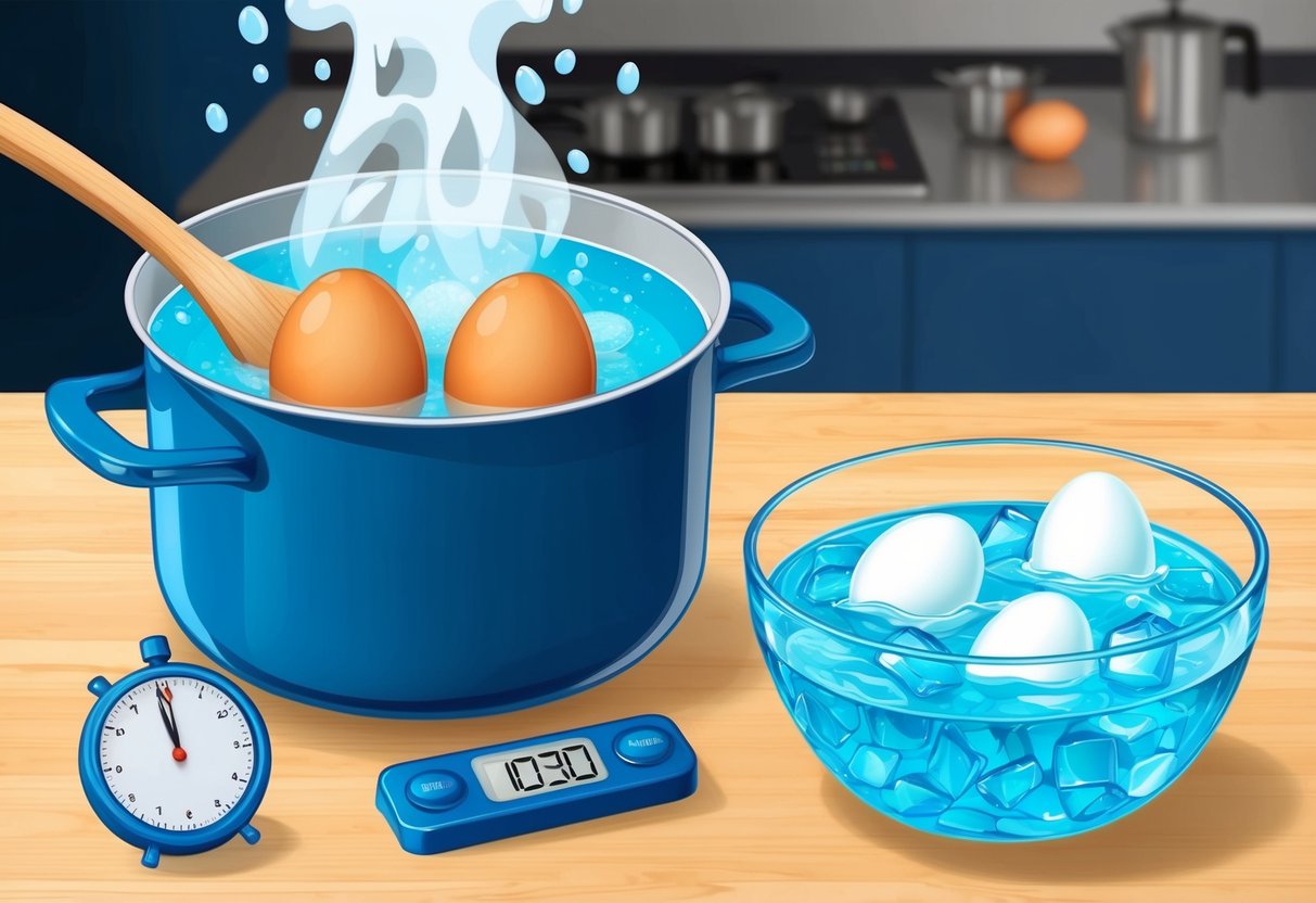 A pot of boiling water with eggs inside, a timer set nearby, and a bowl of ice water ready for the eggs to cool