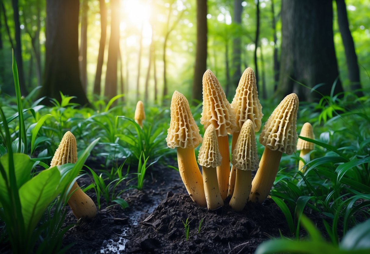 A lush forest floor with sunlight filtering through the trees, showcasing a cluster of morel mushrooms sprouting from the damp earth