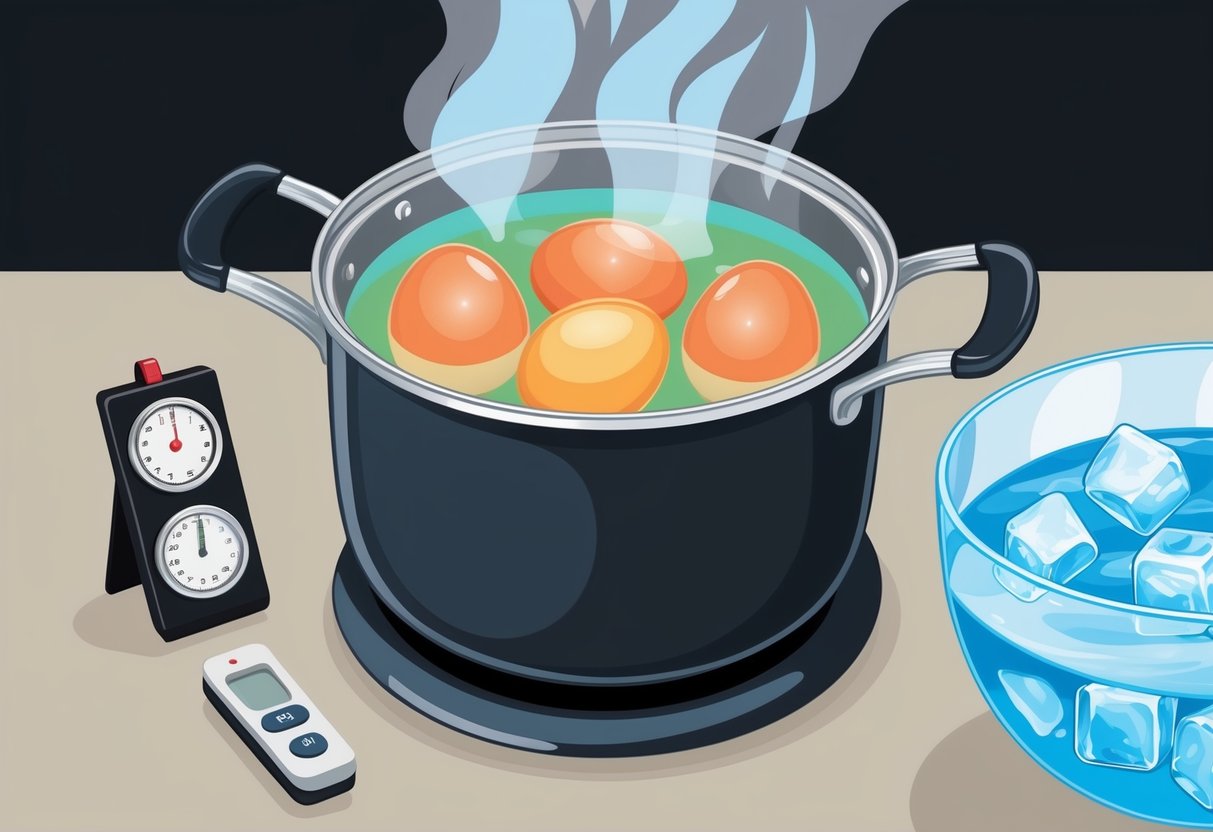 A pot of boiling water with eggs inside, a timer set nearby, and a bowl of ice water ready for cooling