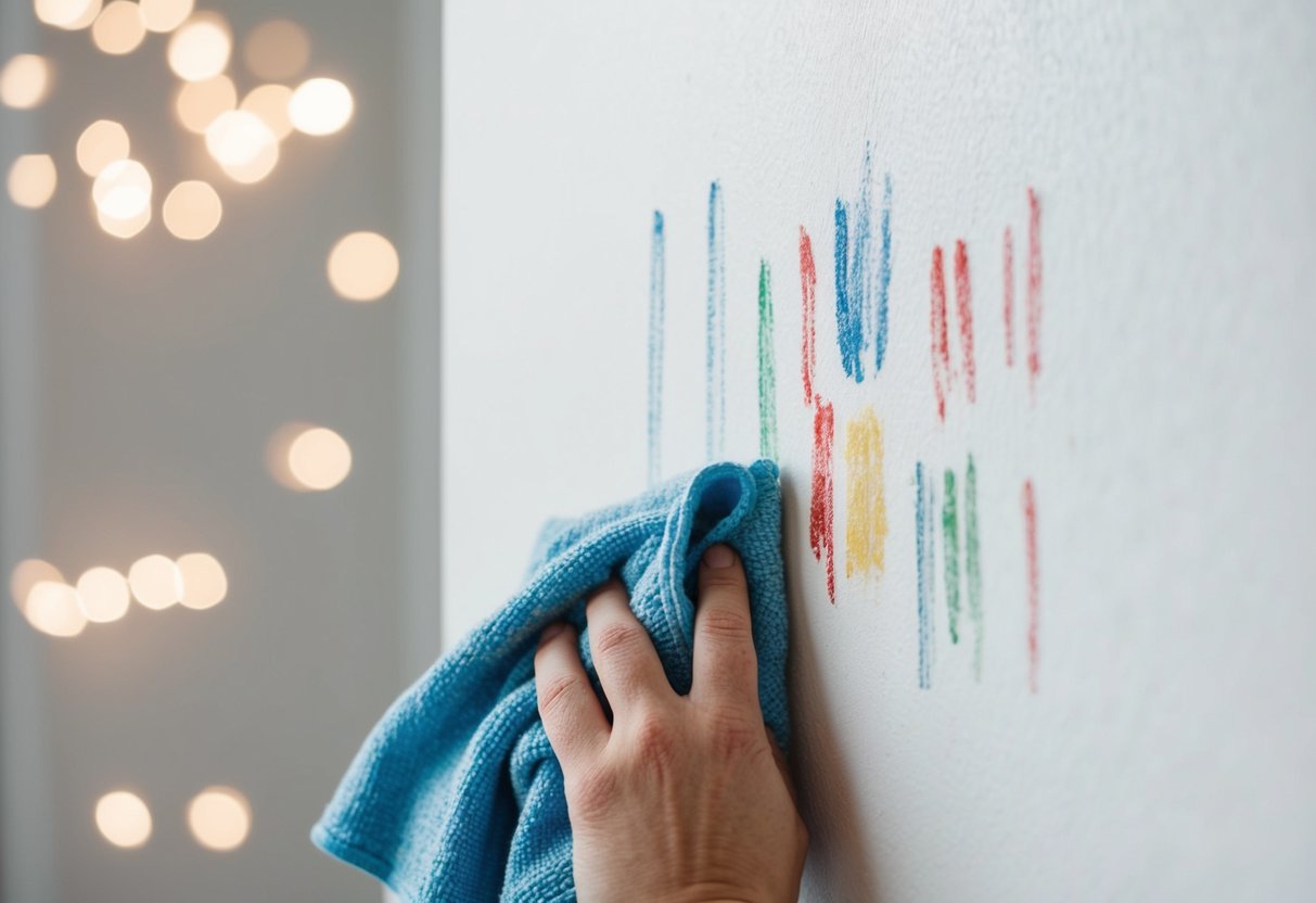 A damp cloth wipes away crayon marks from a white wall