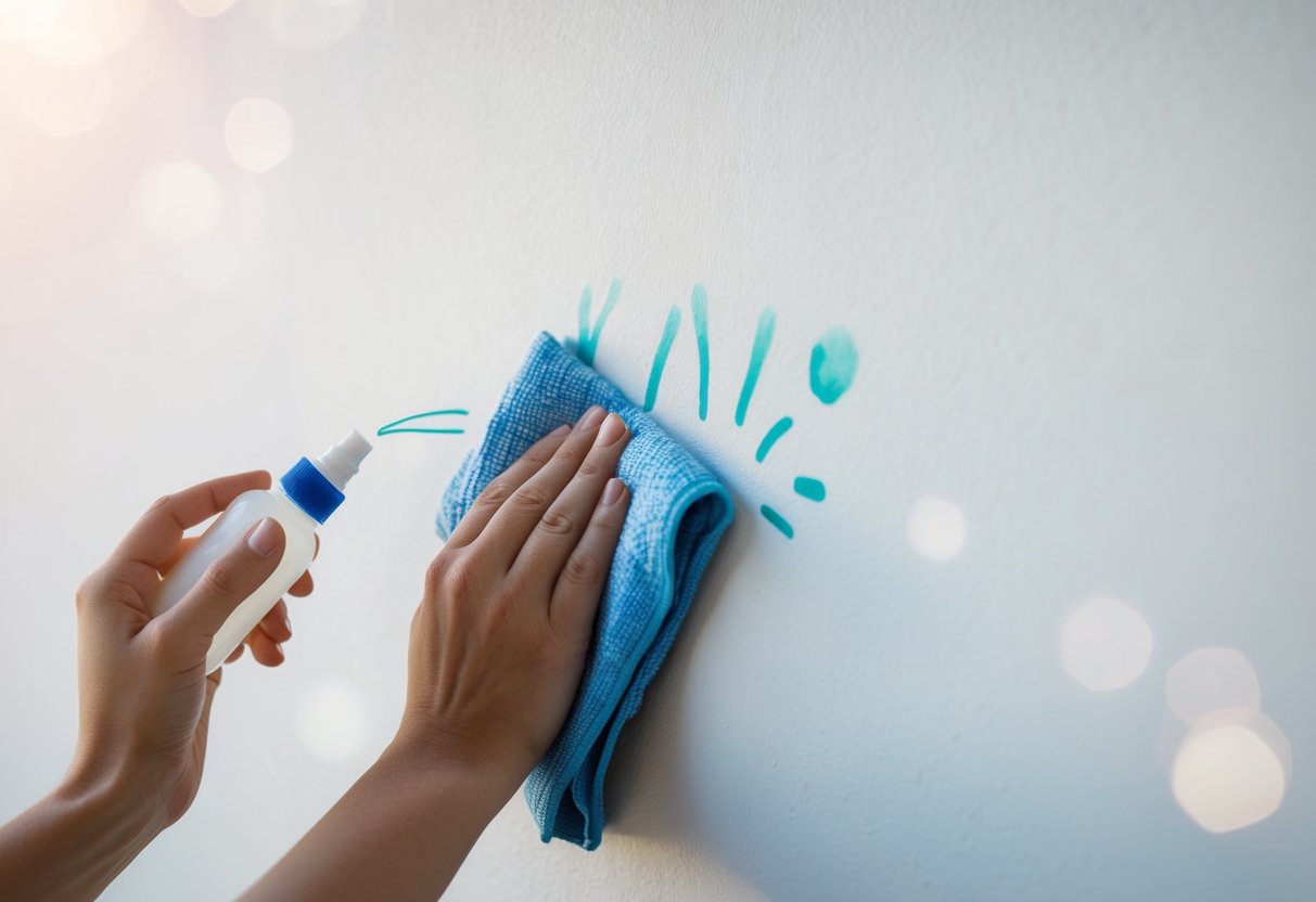 A person using a cloth and cleaning solution to erase permanent marker from a white wall