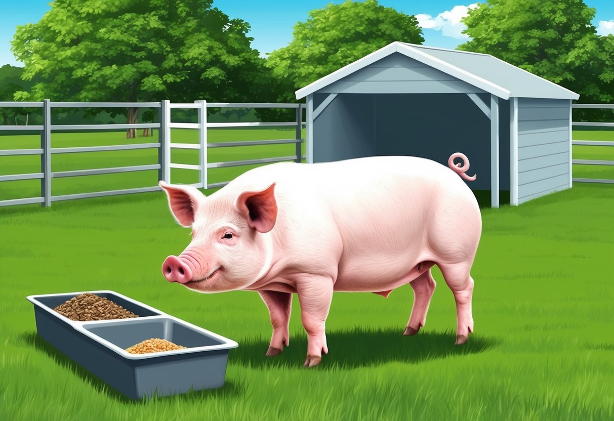A pig standing in a spacious, fenced outdoor area with a feeding trough and a shelter. The pig appears healthy and well-cared for