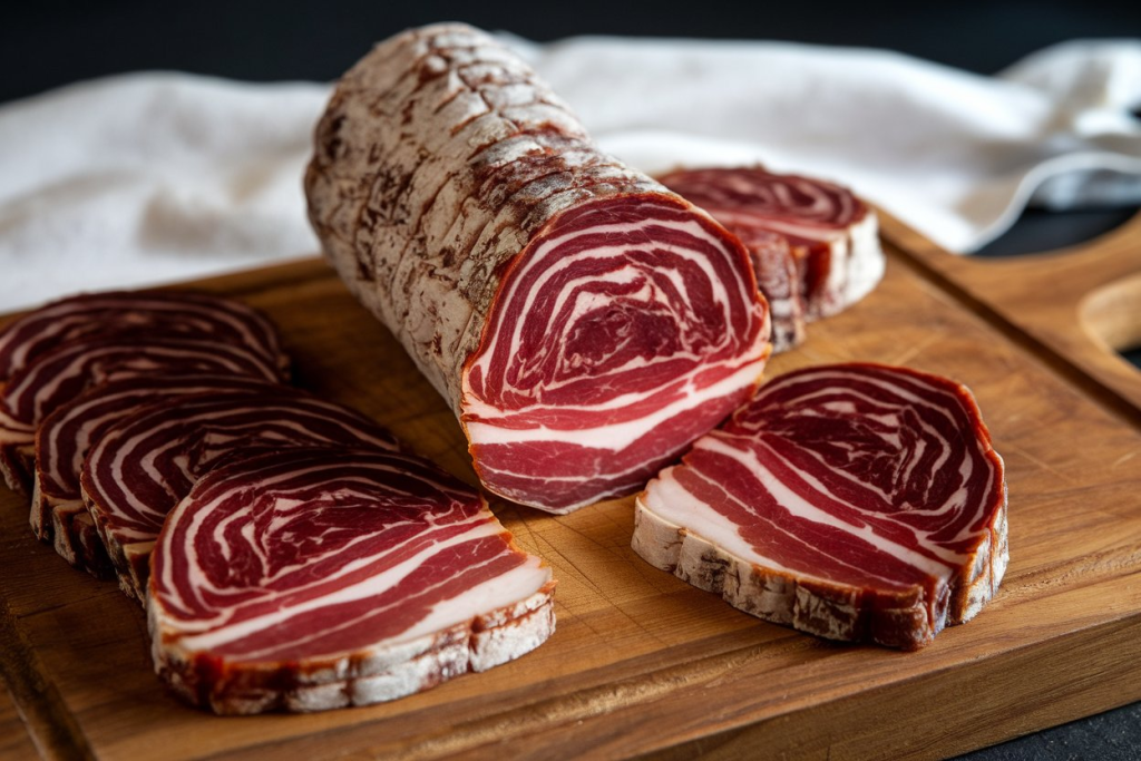 This image showcases a beautifully presented roll of pancetta, a traditional Italian cured meat. The pancetta is displayed on a wooden cutting board, with its intricate marbling on full display. The cross-section reveals alternating layers of deep red meat and creamy white fat, forming an elegant spiral pattern that is a hallmark of pancetta's preparation.