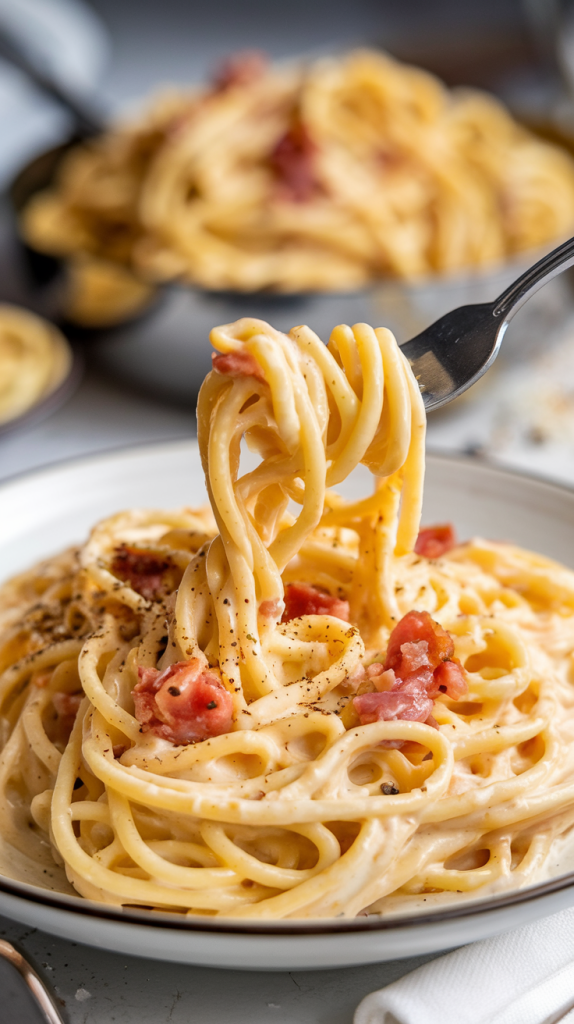 This image features a close-up of a creamy pasta dish, likely spaghetti carbonara. The spaghetti is coated in a rich, velvety sauce made from egg, cheese, and black pepper, giving it a glossy and appetizing appearance. Bits of pancetta are mixed throughout, providing pops of savory color and texture that complement the golden hue of the pasta.