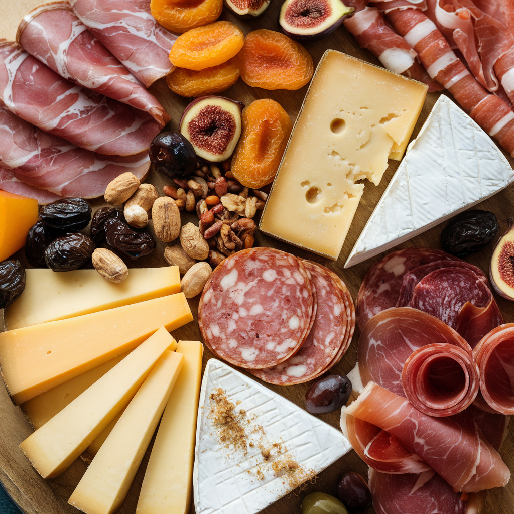 A photo of a cheese and meat board with a variety of cheeses, meats, and accompaniments. There are slices of pancetta, salami, and prosciutto. The cheeses include aged cheddar, brie, and parmesan. There are dried apricots, figs, nuts, and olives. A sprinkle of nutmeg is visible on the board. The background is a wooden board.