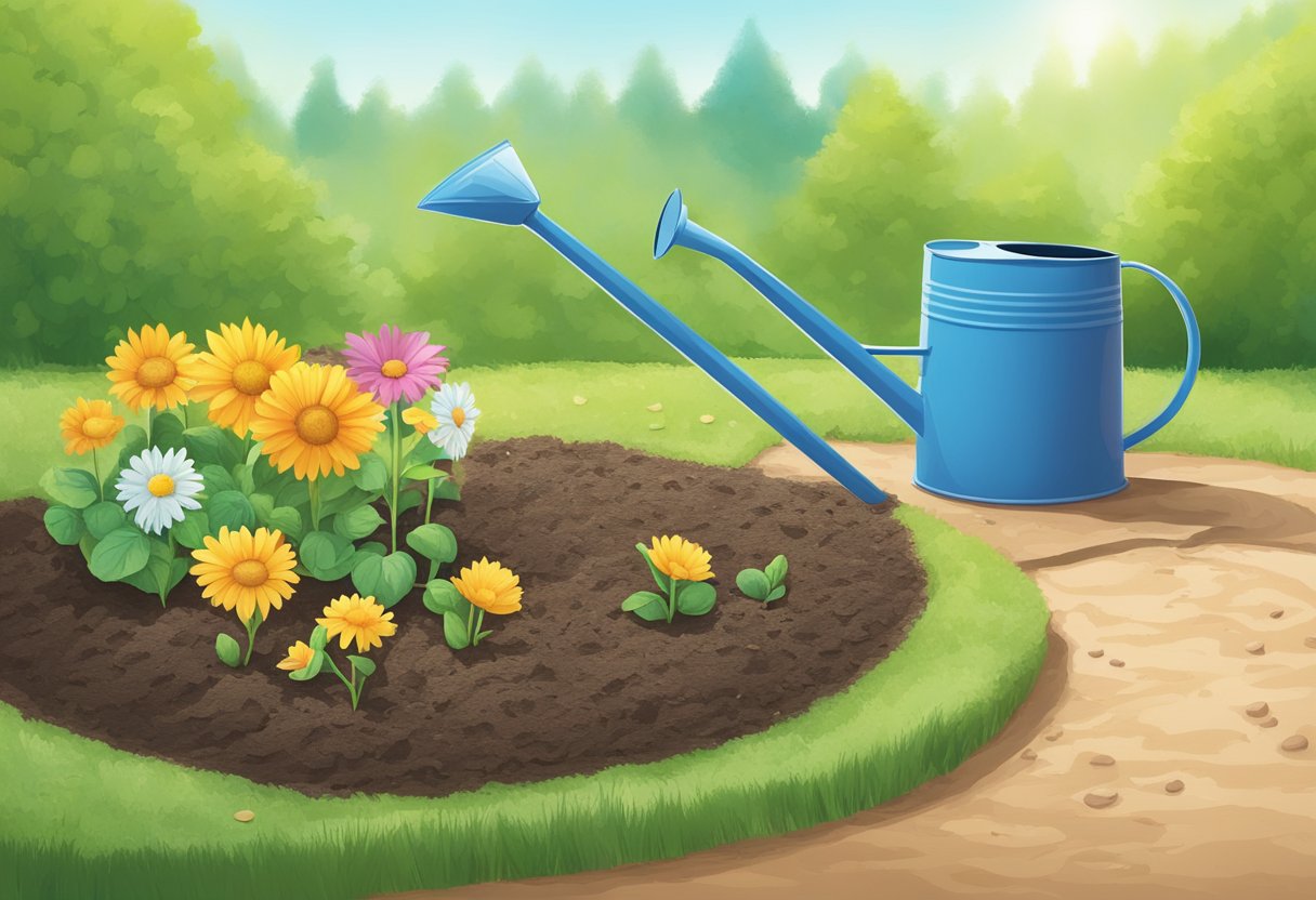 A sunny garden with freshly tilled soil, scattered flower seeds, and a watering can nearby
