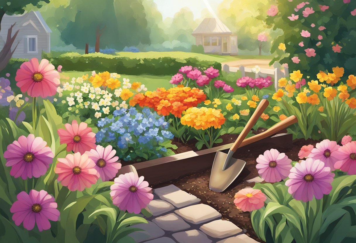 Colorful flowers bloom in a well-tended garden bed. A shovel and packets of seeds lay nearby, ready to be planted. Sunshine filters through the leaves, creating a peaceful and inviting atmosphere