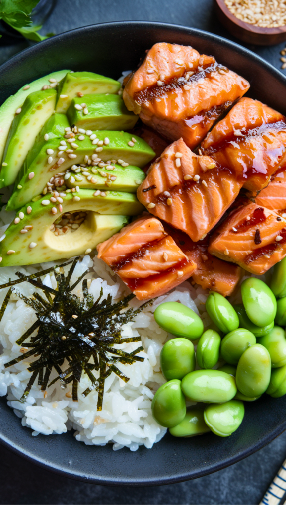 A delicious bowl of Teriyaki Salmon Sushi Bowl, ready to eat.