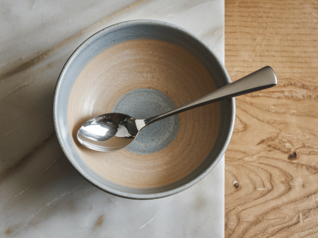 empty bowl ready to prep the teriyaki salmon sushi bowl. with a spoon in it.