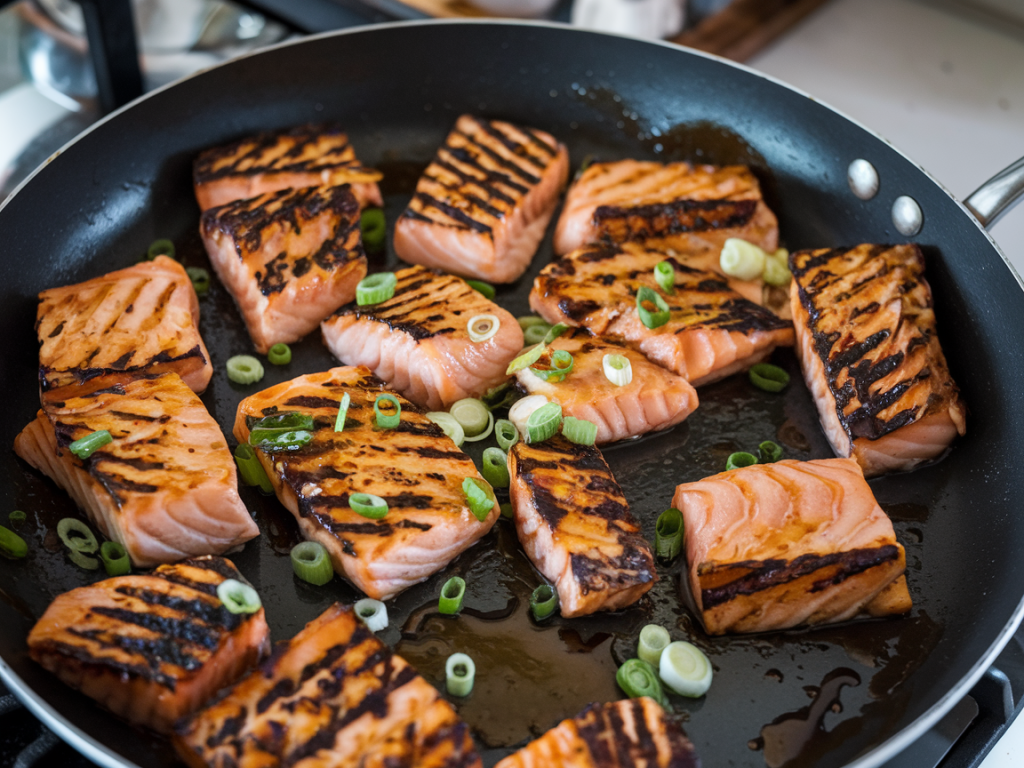 cooking the salmon for the teriyaki salmon sushi bowl for the meal.