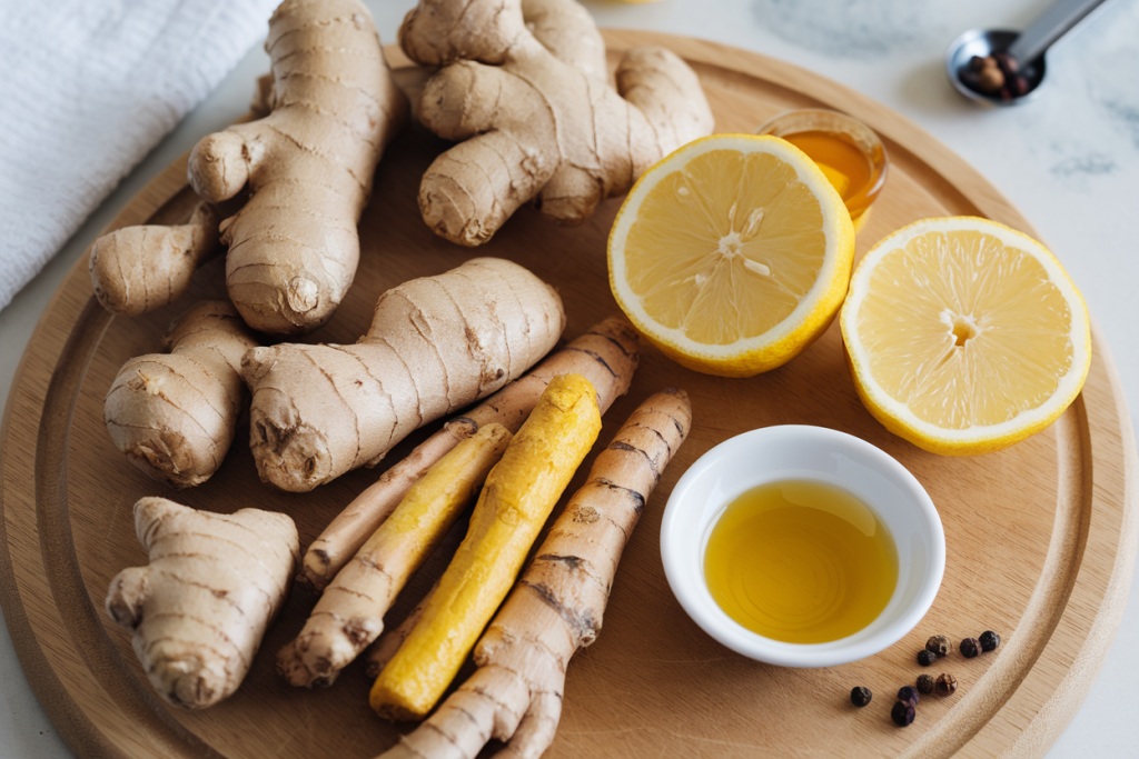 High-resolution, well-lit overhead shot of fresh ginger roots, turmeric roots, a lemon half, a small dish of honey, and a few black peppercorns arranged on a wooden cutting board. The natural textures of the roots and the bright yellow-orange hue of turmeric stand out vividly. A clean kitchen towel and a small measuring spoon in the background set the stage for easy, at-home preparation.