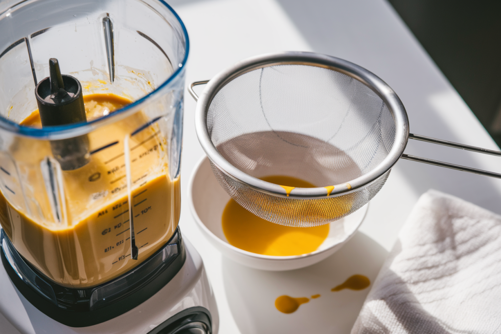 Close-up, brightly lit photograph showing a high-speed blender’s pitcher half-full of a thick, golden ginger-turmeric mixture. A fine mesh strainer and a bowl sit nearby, ready to ensure a smooth, grit-free final drink. Drips of the golden liquid on the strainer’s rim and a neatly folded dish towel add authenticity and a tactile, real-kitchen feel.
