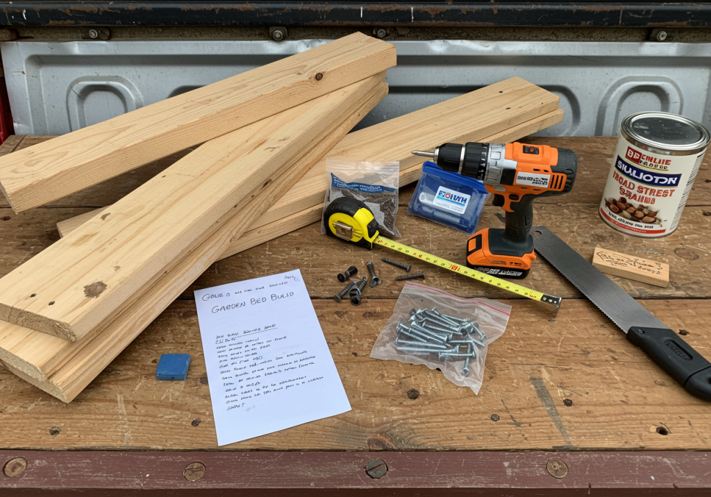 A phone-captured image of a simple wooden workbench or tailgate lined with the materials needed for a raised bed: planks of untreated wood, a bag of screws, a drill, a saw, and a tape measure. A can of wood sealer or stain sits in the corner. A handwritten list labeled 'Garden Bed Build' is tacked under a magnet